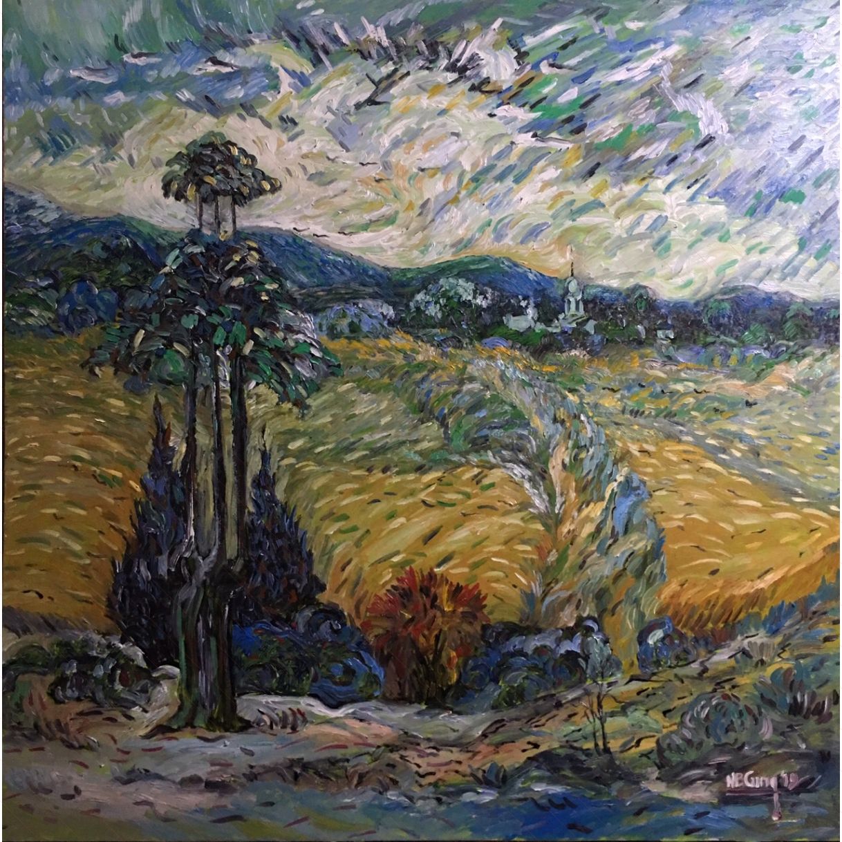 Tranh Bá Cung Vào Vụ Sơn Dầu Canvas 81x81cm Tác Phẩm Đẹp 