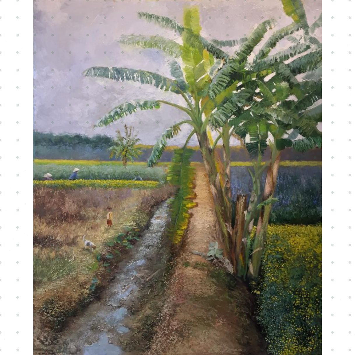 Tranh Xuân Về Trên Cánh Đồng Quê Sơn Dầu Canvas 90x110cm 