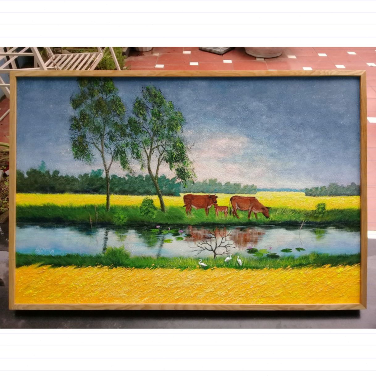 Tranh buổi sáng trên đồng acrylic trên canvas 80x120cm nghệ thuật 