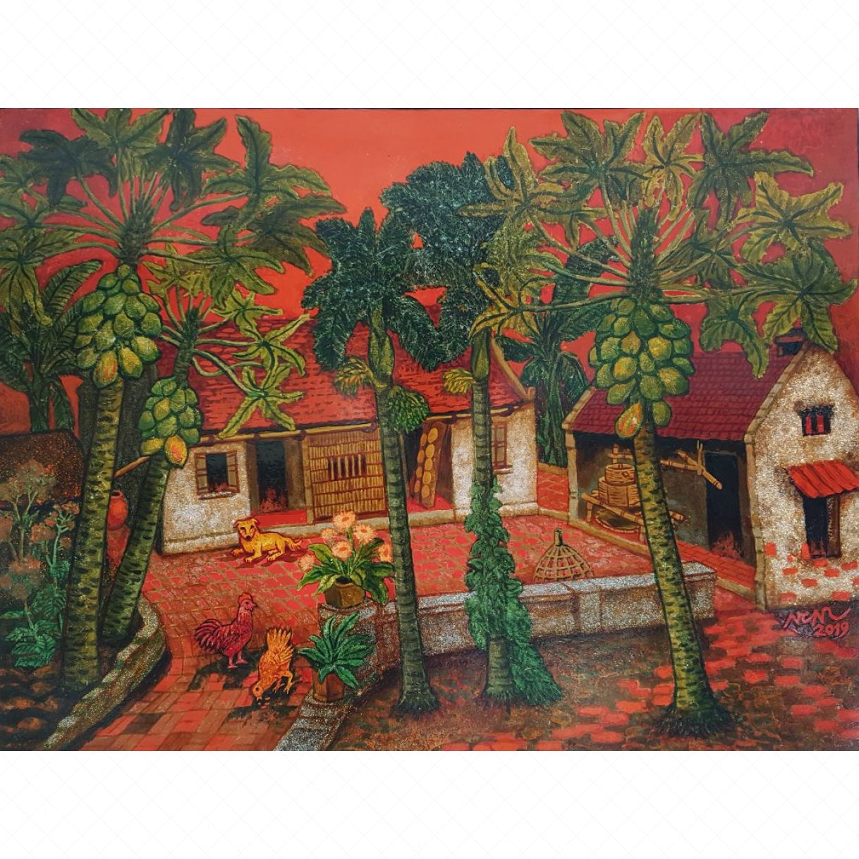 Tranh Sơn Mài Đu Đủ Vườn Nhà Sơn Mài Truyền Thống 75x100cm 