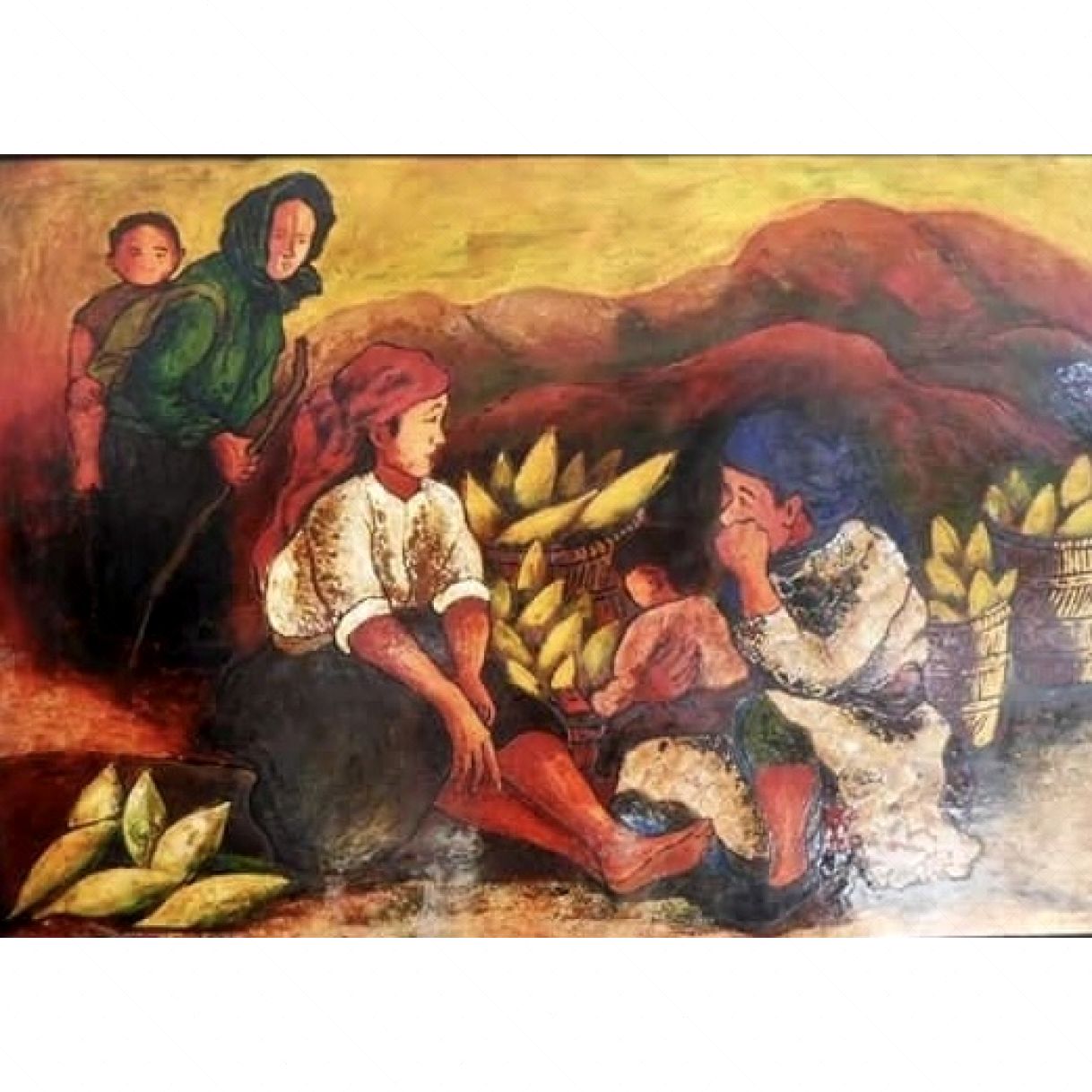 Tranh Phong Cảnh Chợ Chiều Sơn Mài 70x100cm Bản Quyền Họa Sĩ 