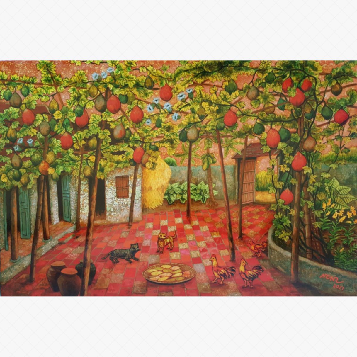 Tranh sơn mài Giàn gấc sân nhà 80x120cm sáng tác 2021 tranh độc bản ý nghĩa 