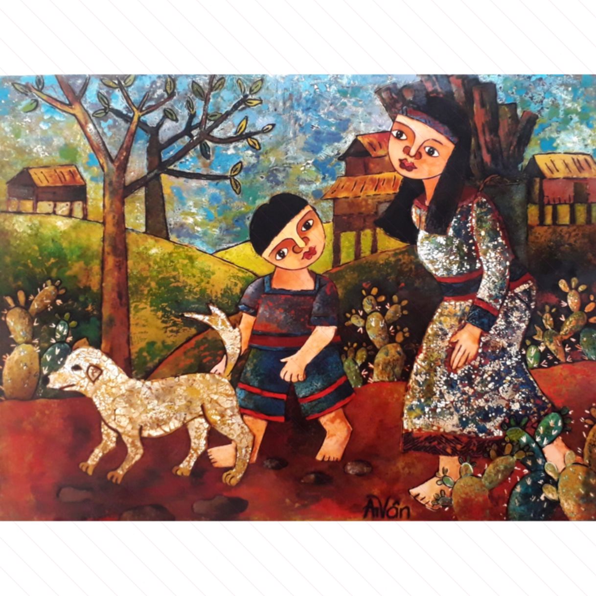Ái Vân tranh sơn mài về nhà nghệ thuật kích thước 60x80cm 