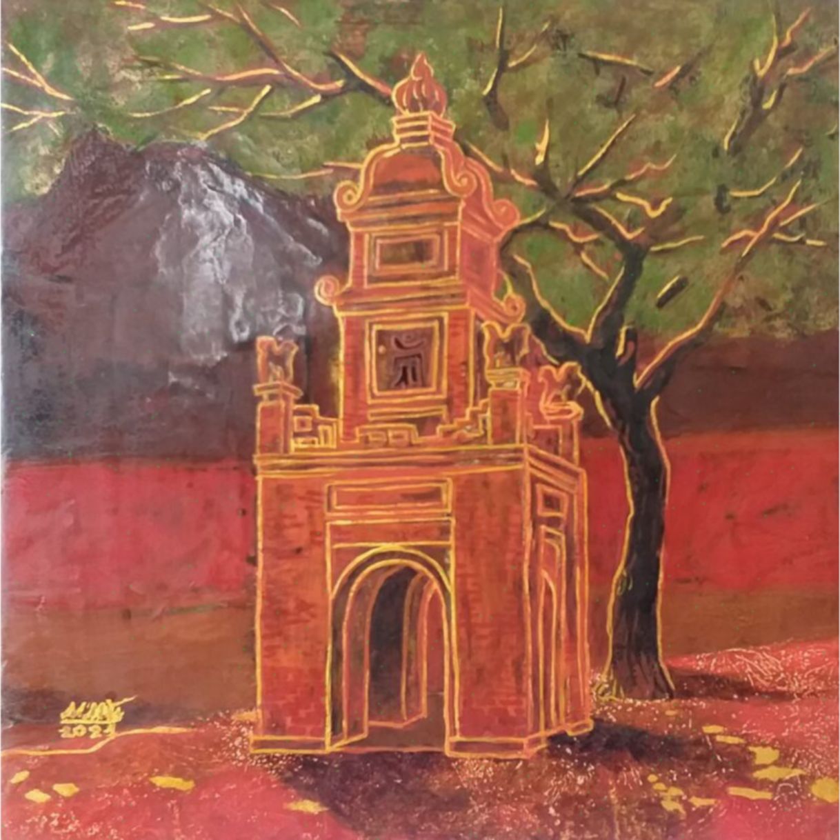 Tranh Sơn Mài Hòa Phong Tháp Cổ 30x30cm Khung Gỗ Tinh Xảo 