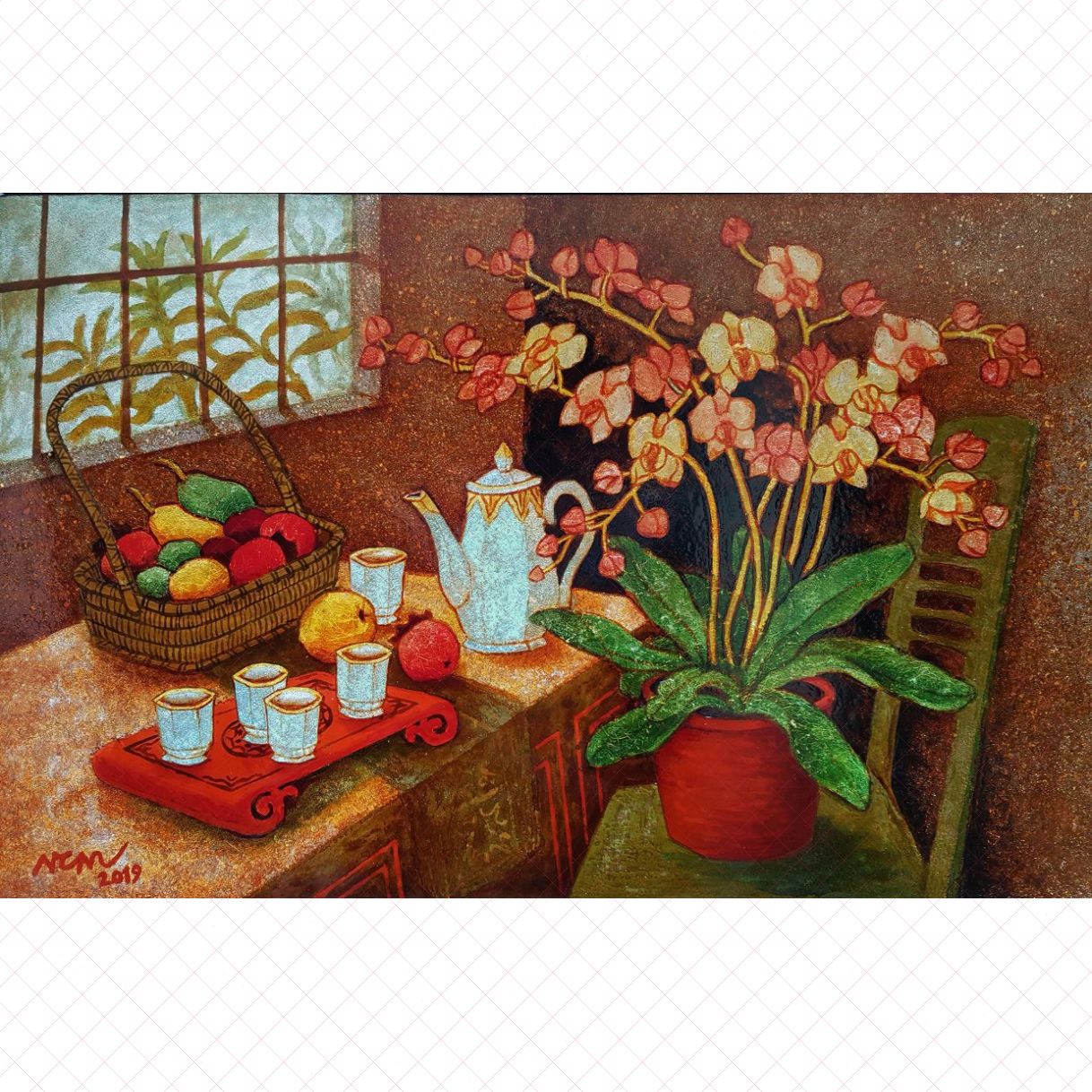 Tranh Sơn Mài Tĩnh Vật Hoa Lan 64x100cm Bản Gốc Có Chữ Ký Họa Sĩ 