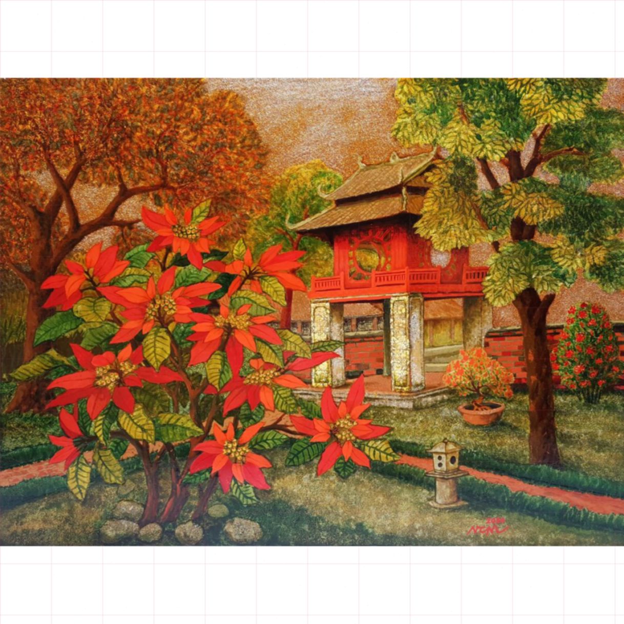 Tranh Phong Cảnh Trạng Nguyên Nở Hoa Sơn Mài Vóc 75x100cm 