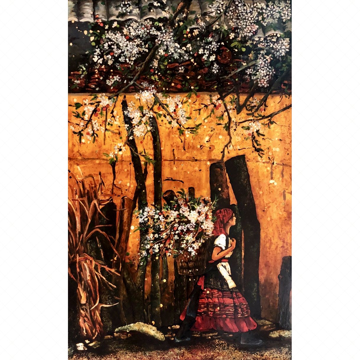Tranh Sơn Mài Xuân Về Trên Bản Acrylic Canvas 70x110cm 