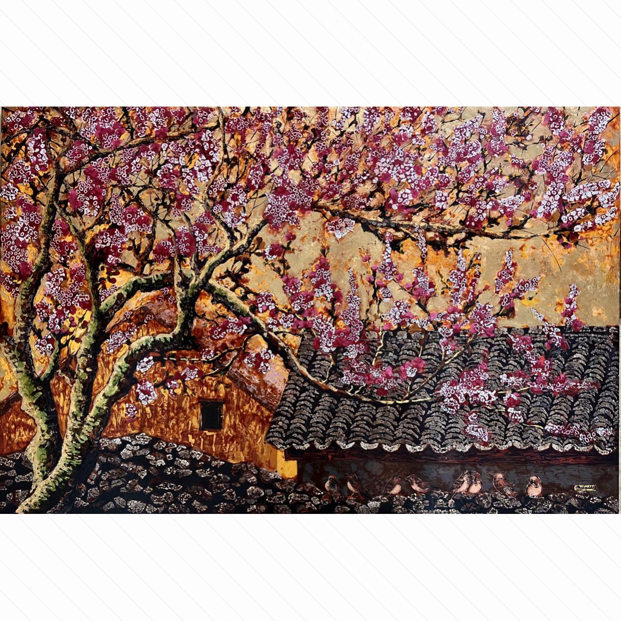 Tranh Sơn Mài Xuân Hồng Độc Bản Kích Thước Lớn 110x150cm 