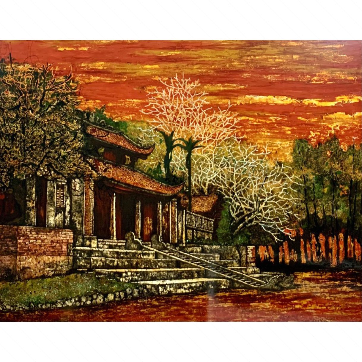 Tranh sơn mài phong cảnh dấu xưa thanh bình 110x140cm 