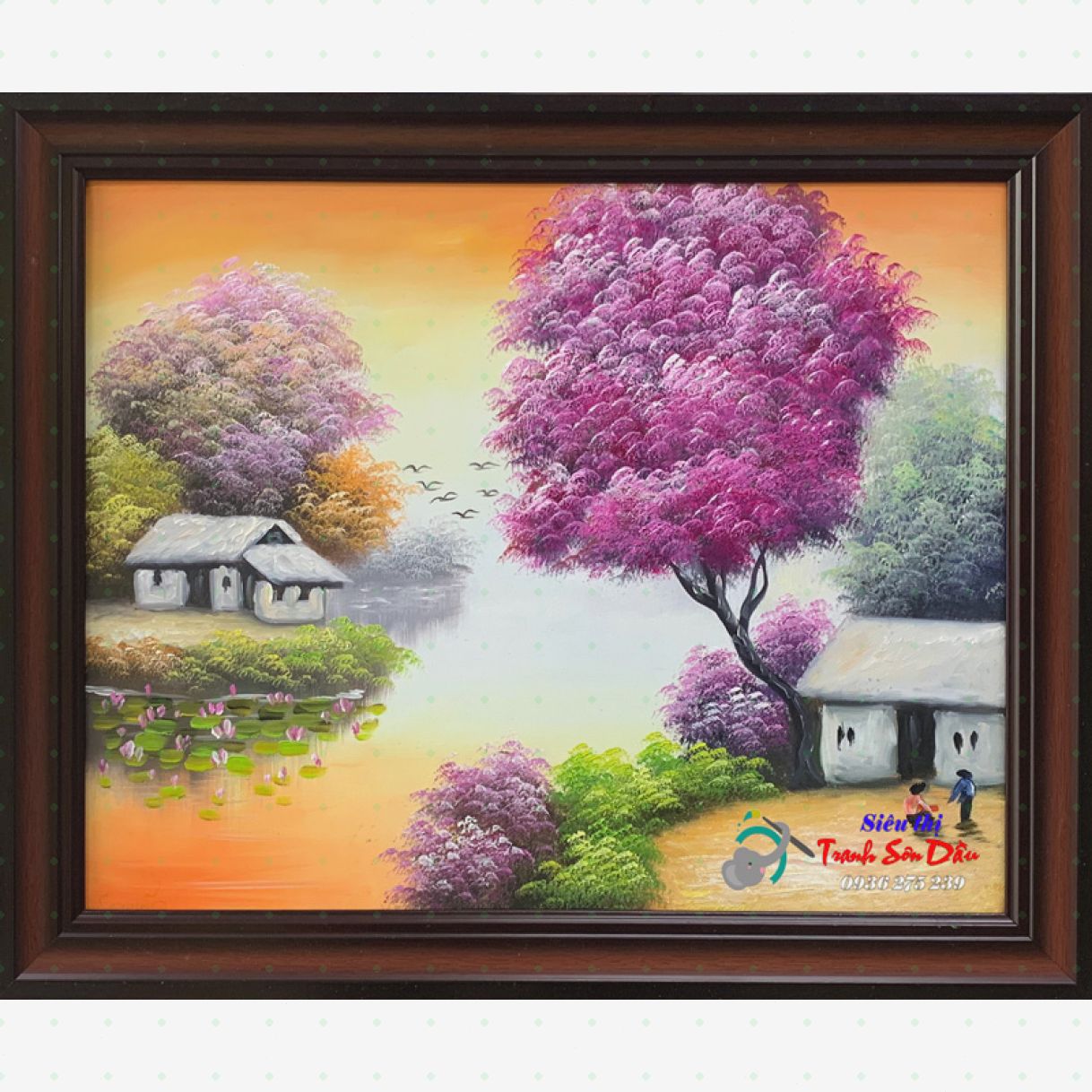Tranh phong cảnh làng sông hoàng hôn sơn dầu vải canvas khung gỗ 