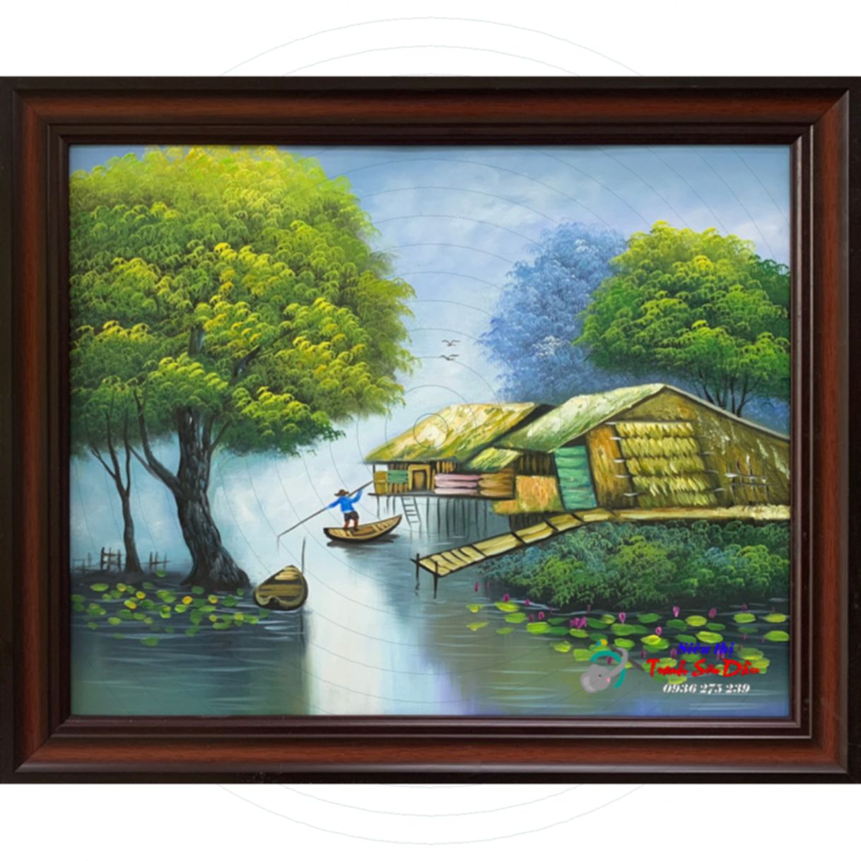 Tranh phong cảnh nhà tranh trên sông sơn dầu 100% tay họa sĩ Minh Hưng 