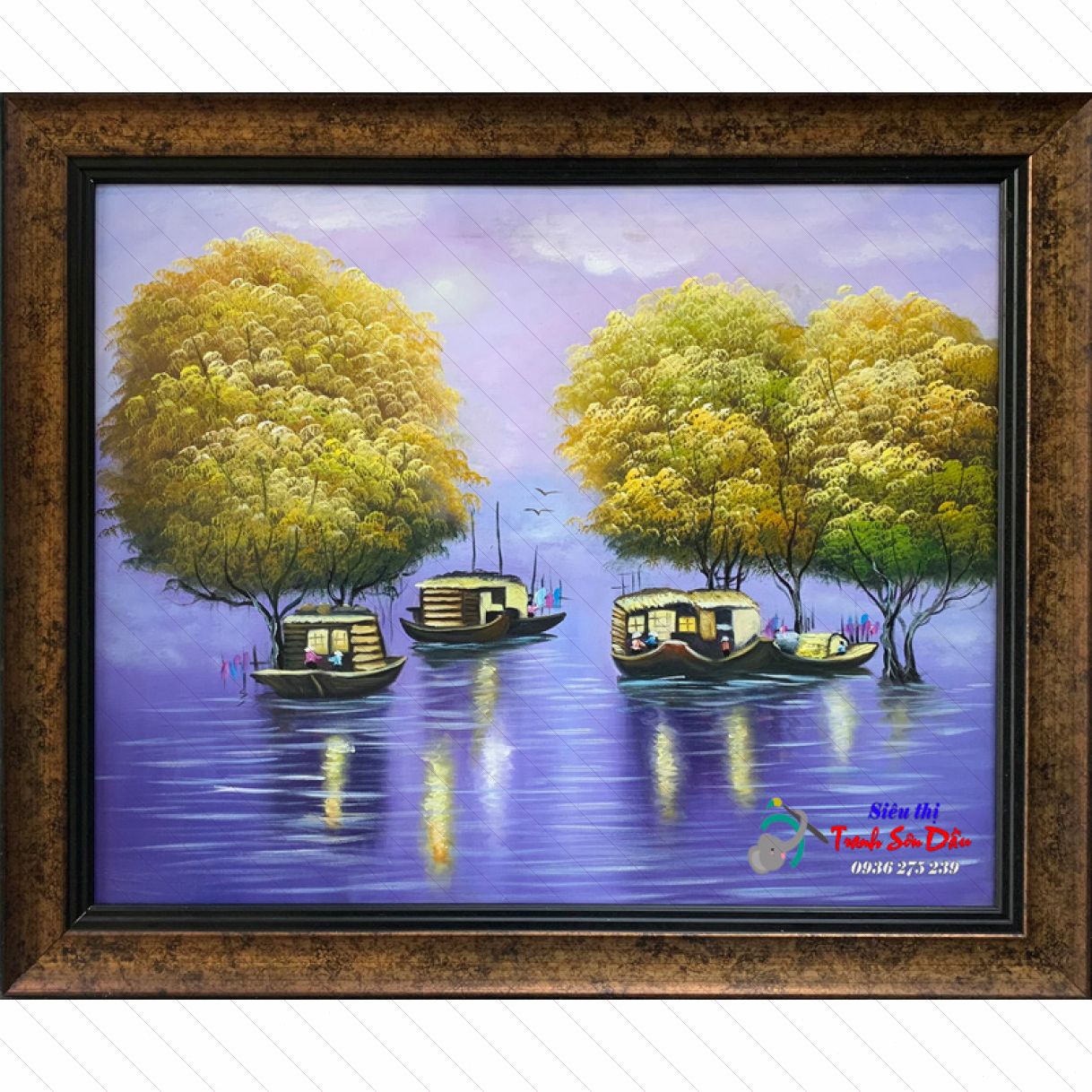 Tranh phong cảnh làng chài đêm sơn dầu 70x90cm khung gỗ nhập khẩu 