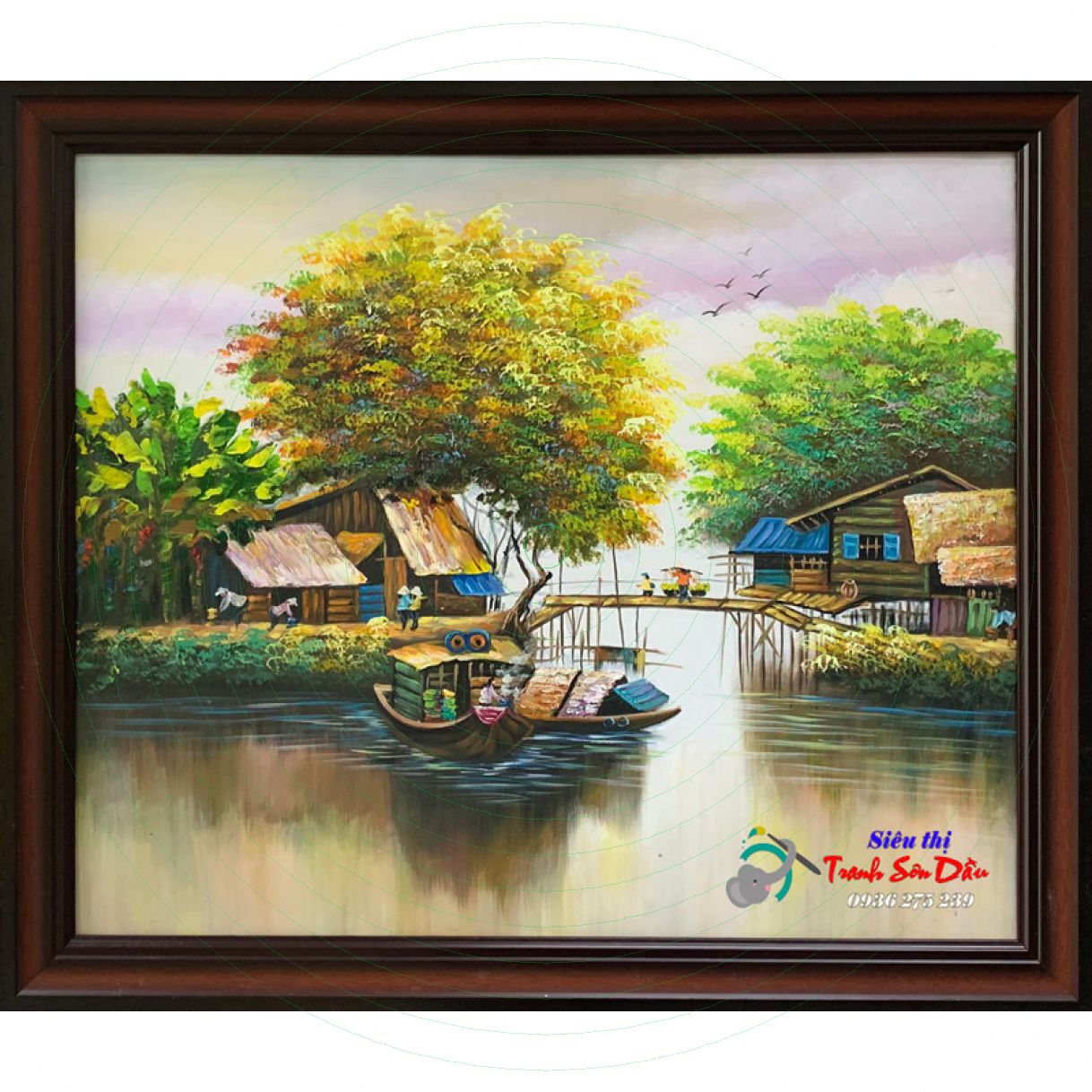 Tranh Phong Cảnh Chợ Làng Chài Sơn Dầu Canvas Nhập Khẩu Khung Composite 