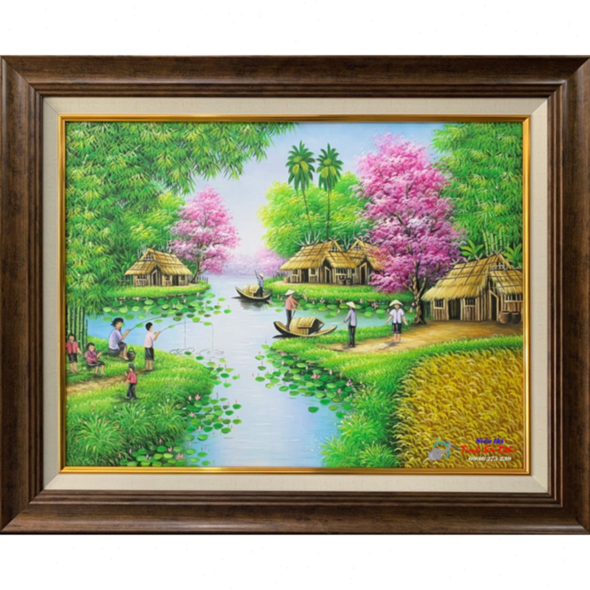 Tranh phong cảnh đồng quê bờ sông sơn dầu canvas nhập khẩu đẹp 72cm 