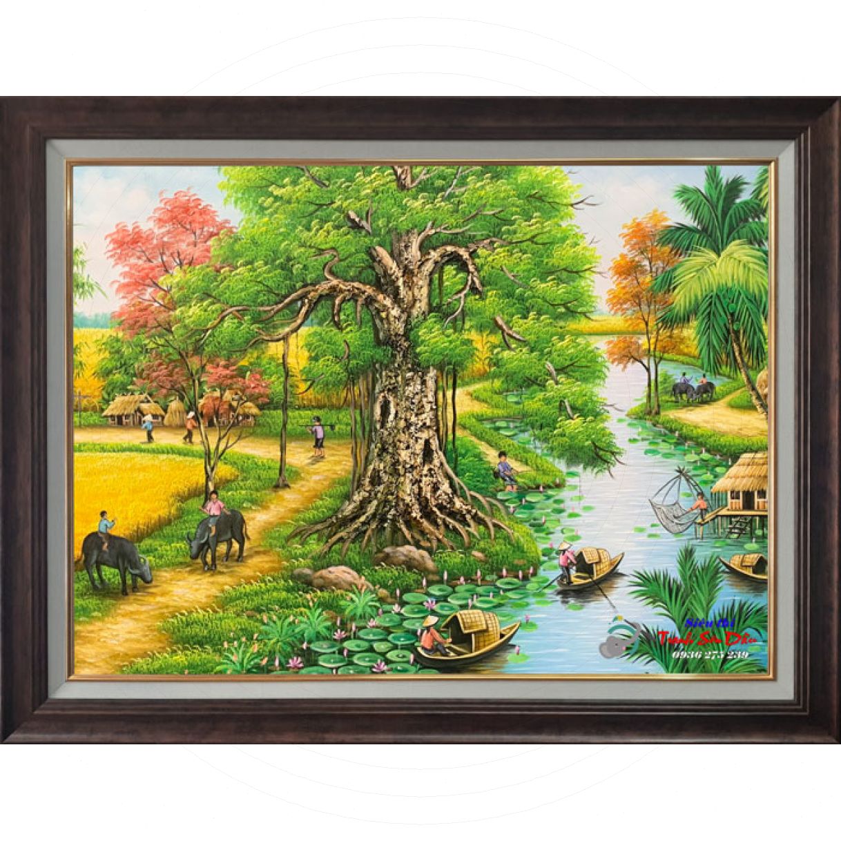 Tranh Đồng Quê Cây Đa Bên Sông STT262 Sơn Dầu 72cm Khung Gỗ 