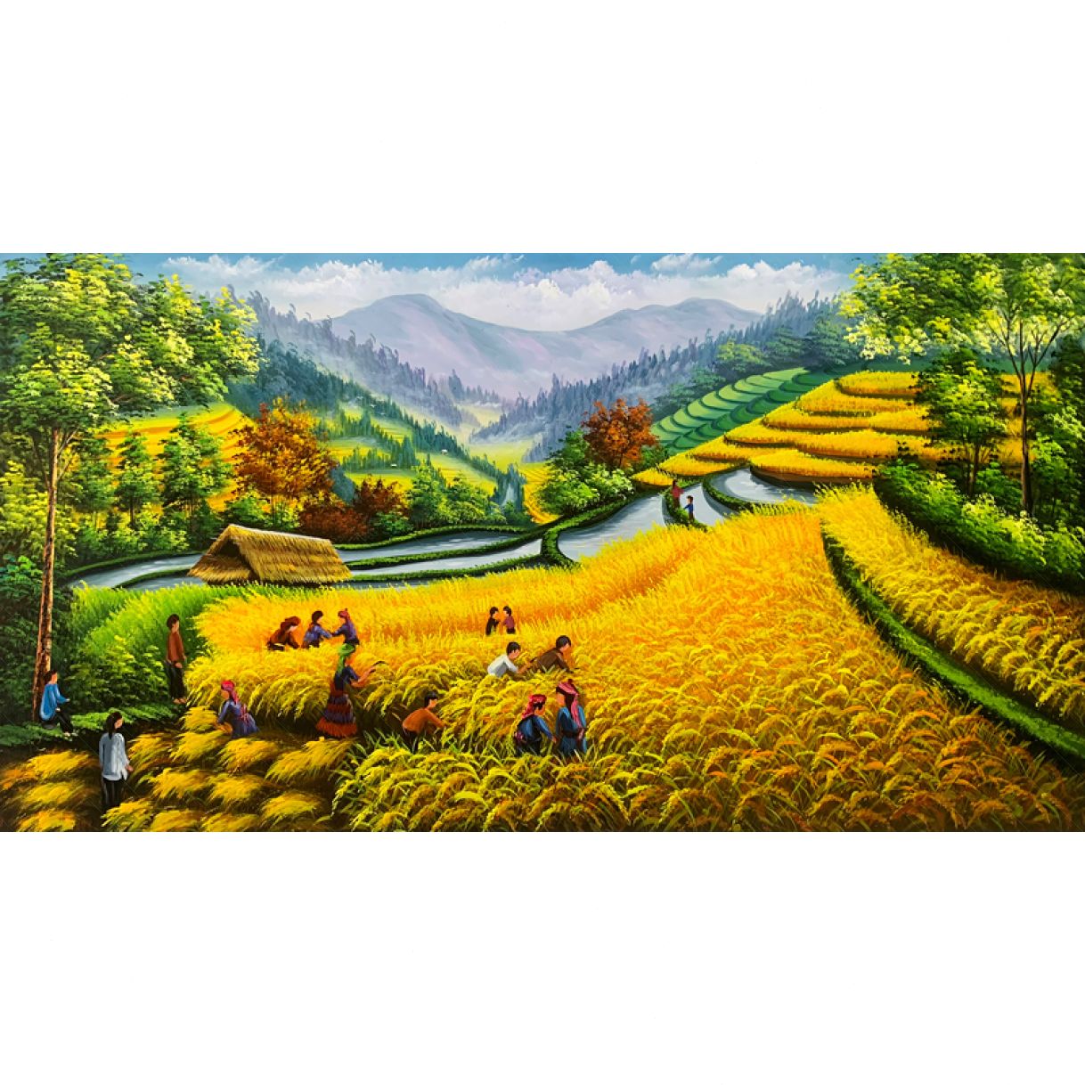 Tranh Sơn Dầu Đồng Quê Đang Gặt Lúa Tươi Sáng 100% Tay Vẽ 
