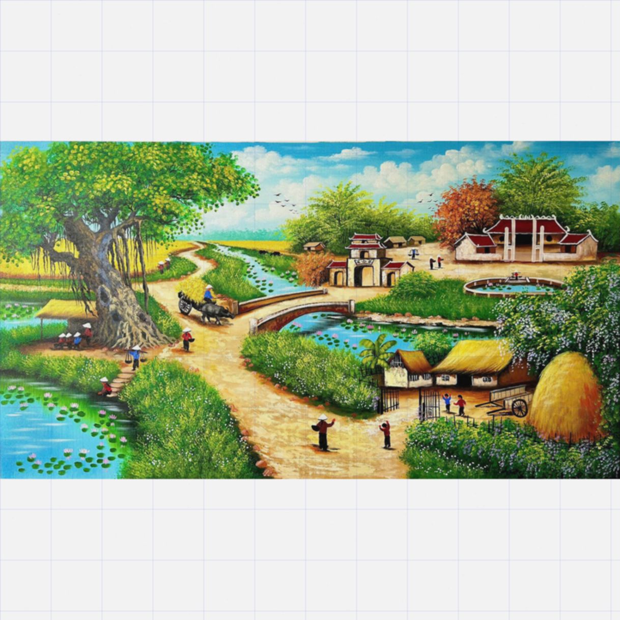 Tranh Sơn Dầu Phong Cảnh Đồng Quê Vải Bố Khung Gỗ 13x13cm 