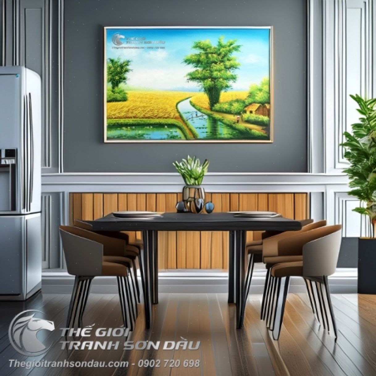 Tranh Sơn Dầu Phong Cảnh Bụi Tre Cánh Đồng 60x90cm Độc Bản 