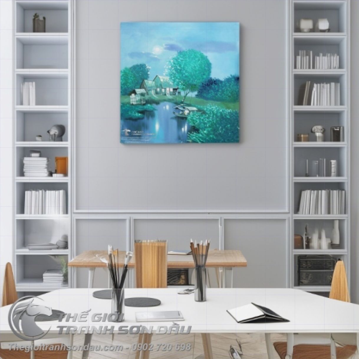 Tranh Phong Cảnh Quê Hương Ánh Trăng Sơn Dầu 60x60cm Đa Sắc 