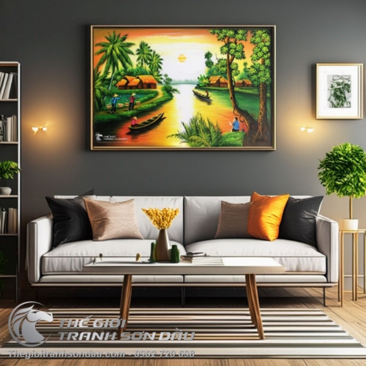 Tranh Sơn Dầu Phong Cảnh Quê Hương Con Đò 60x90cm Khung 4cm 