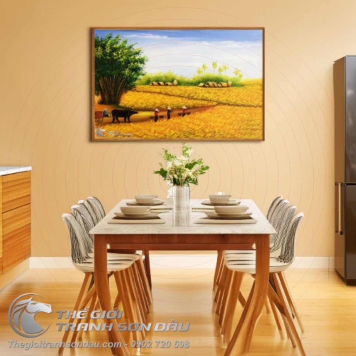 Tranh sơn dầu phong cảnh cánh đồng lúa vàng đẹp 