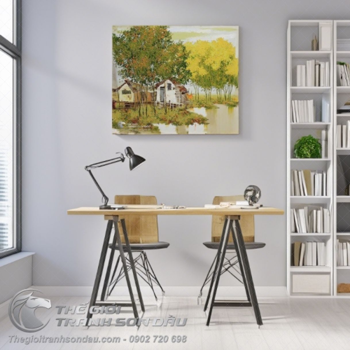 Tranh Vẽ Ngôi Nhà Sàn Bên Sông Và Hàng Cây Xanh Sơn Dầu Đa Sắc Đẹp 