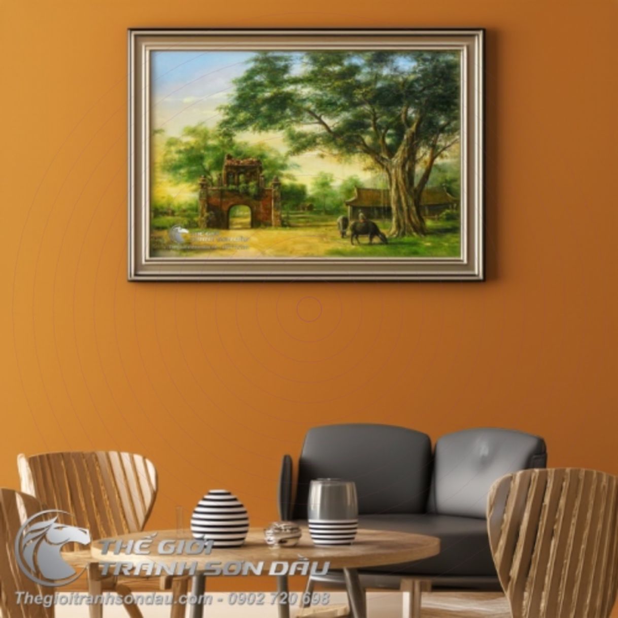 Tranh Sơn Dầu Cậu Bé Chăn Trâu Bên Đình Làng 80x120cm 