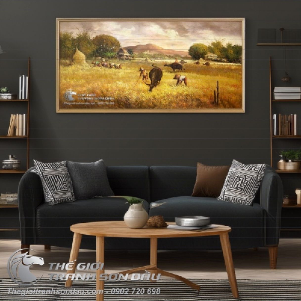 Tranh sơn dầu cánh đồng lúa vàng rộng 80x180cm màu sắc nổi bật 