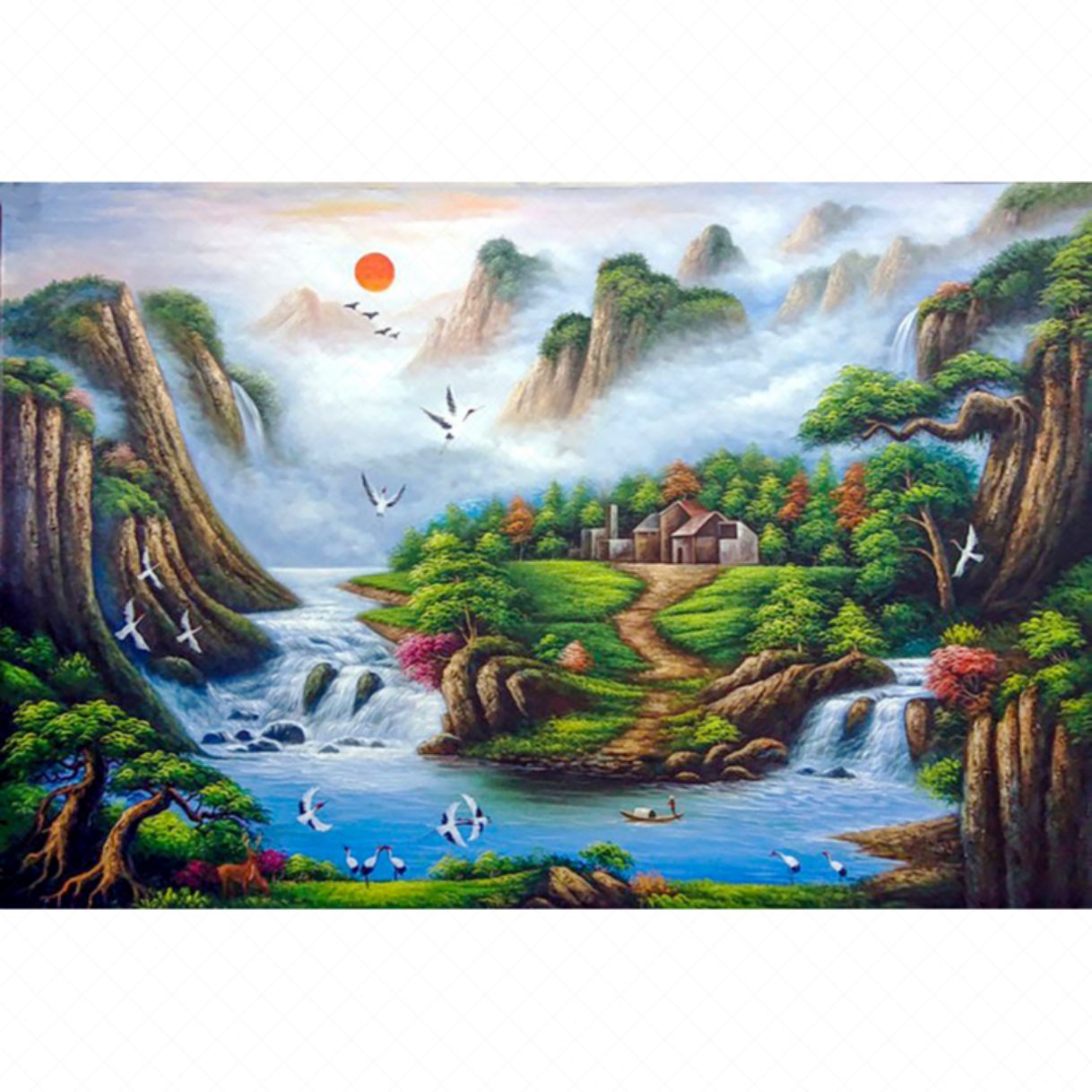 Tranh sơn dầu Nhật Xuất Thiên Sơn sáng tác tay 120x80cm 