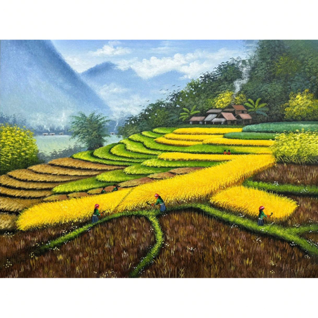 Tranh sơn dầu ruộng bậc thang Tây Bắc vẽ tay chuẩn 
