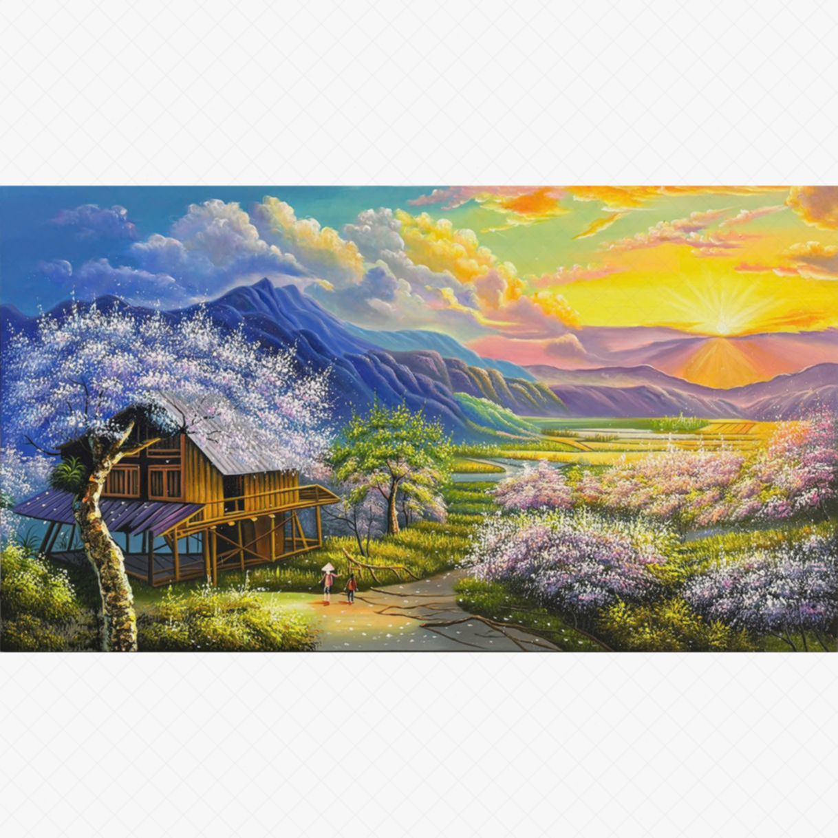 Tranh sơn dầu bình minh núi Tây Bắc canvas nghệ thuật 