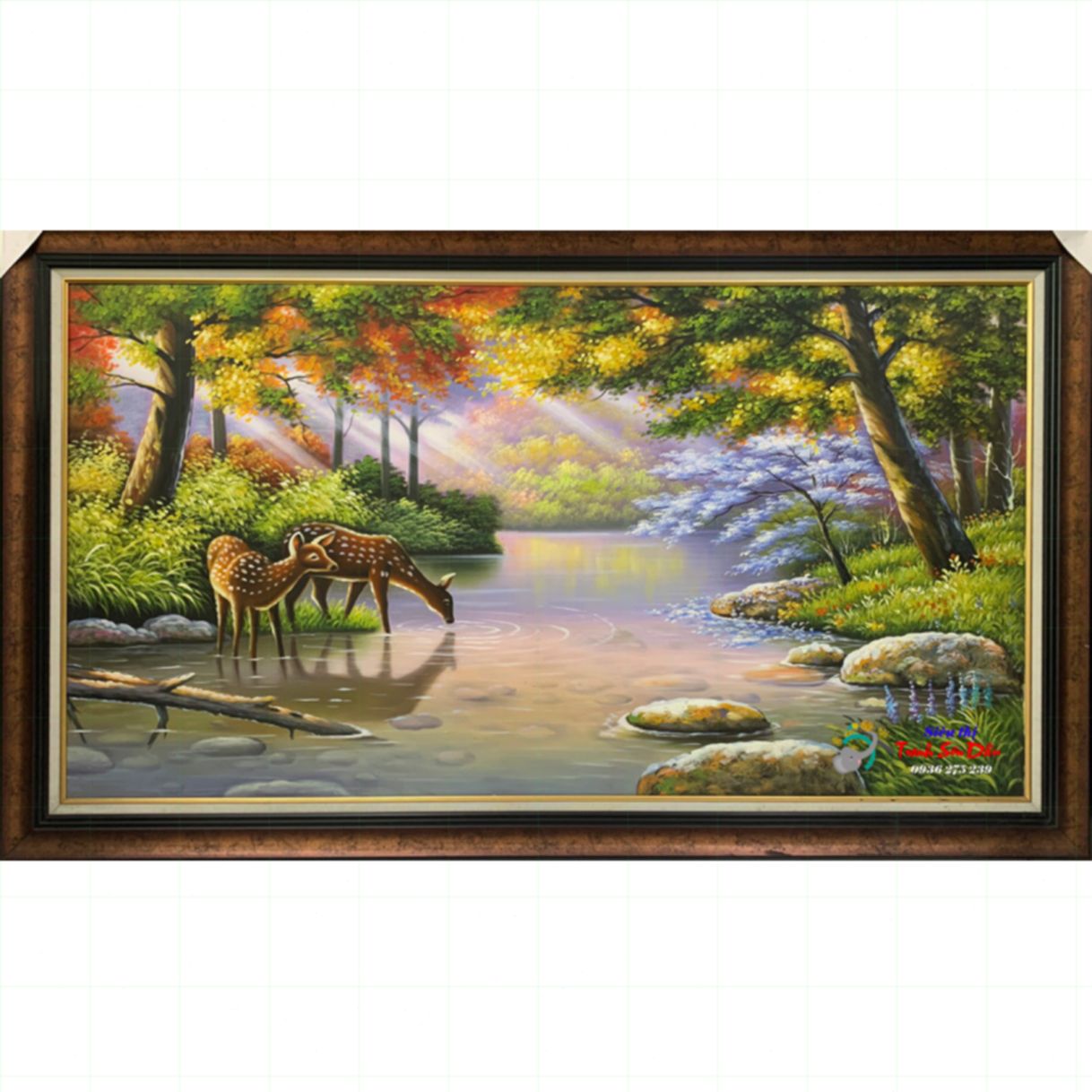 Tranh phong cảnh đôi hươu trong rừng sơn dầu canvas nhập khẩu khung gỗ 