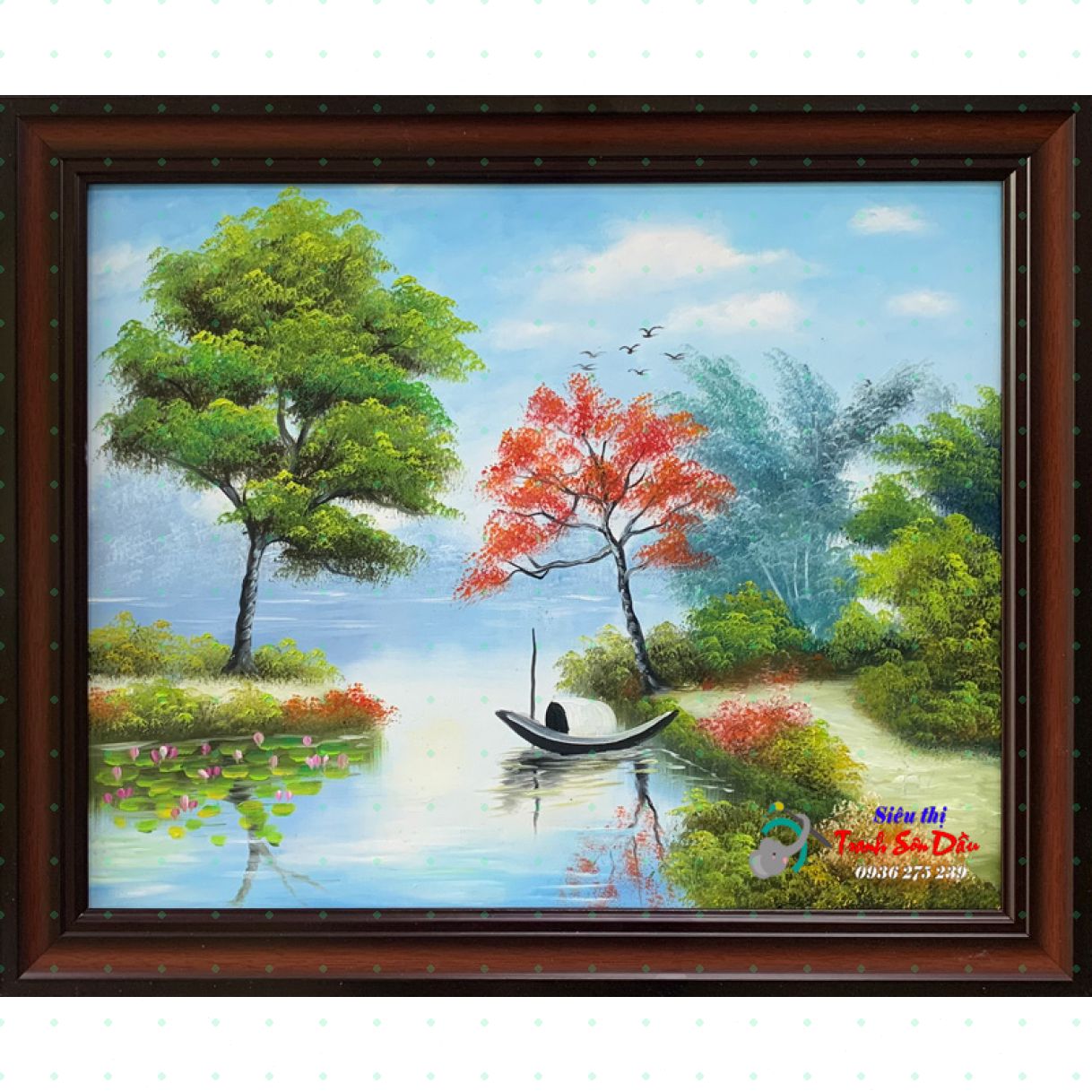 Tranh phong cảnh làng sông bình minh sơn dầu khung composite cao cấp 