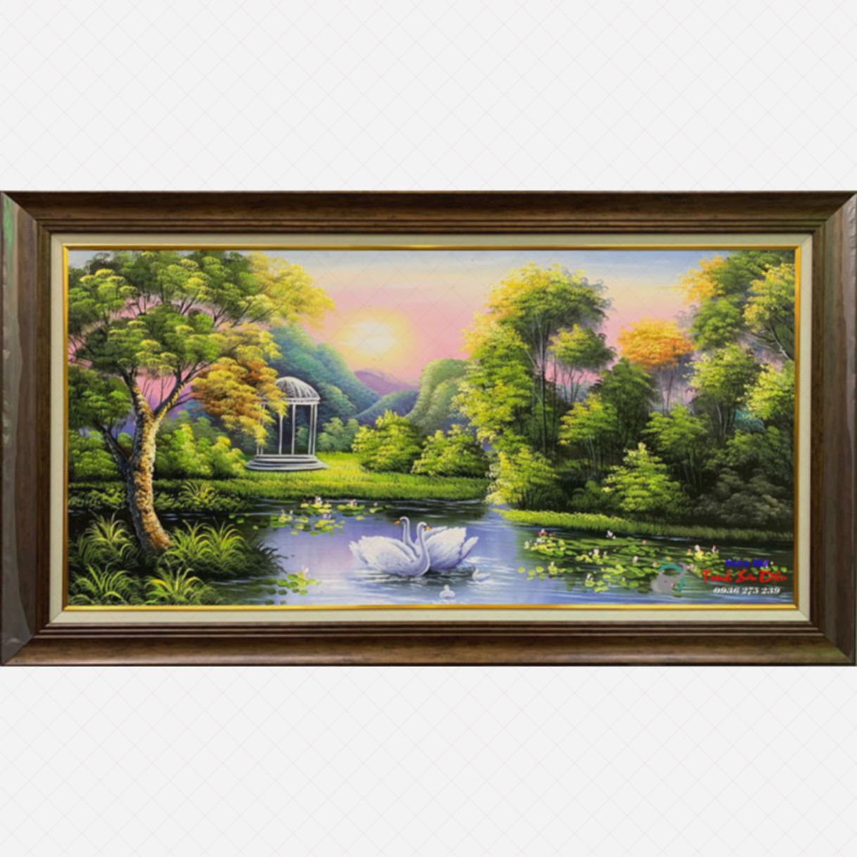 Tranh Phong Cảnh Gia Đình Thiên Nga Sơn Dầu Canvas Khung Composite 