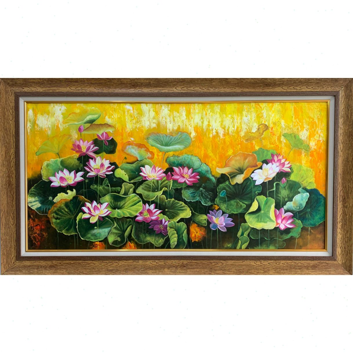 Tranh Sơn Dầu Hoa Sen Vàng Canvas Khung Gỗ Cao Cấp 