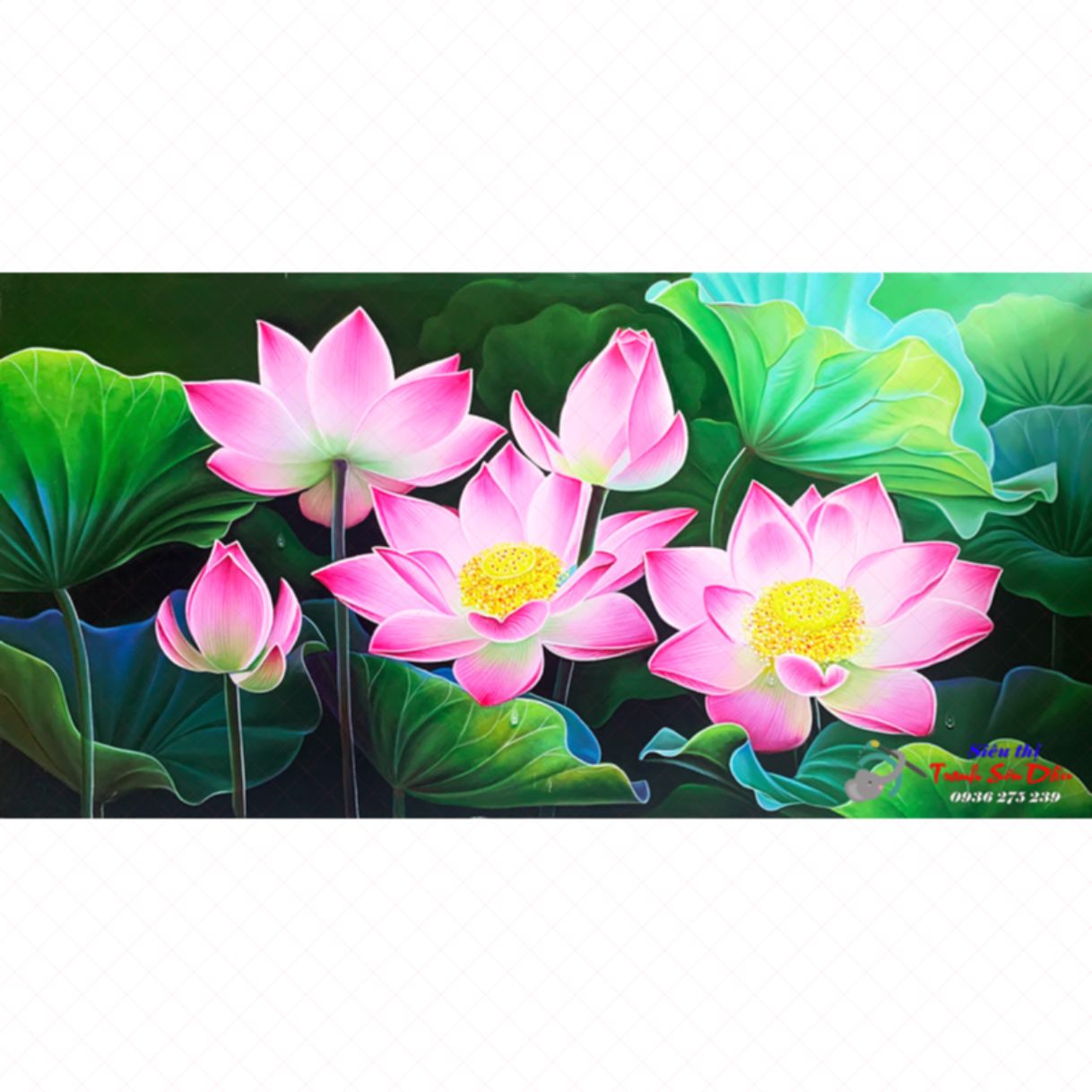 Tranh Sơn Dầu Hoa Sen Hồng Vẽ Tay Trên Canvas Khung Gỗ 