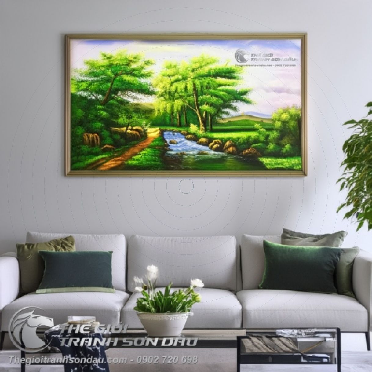 Tranh Sơn Dầu Phong Cảnh Rừng Cây Sông Nước Trang Trí 80x160cm 