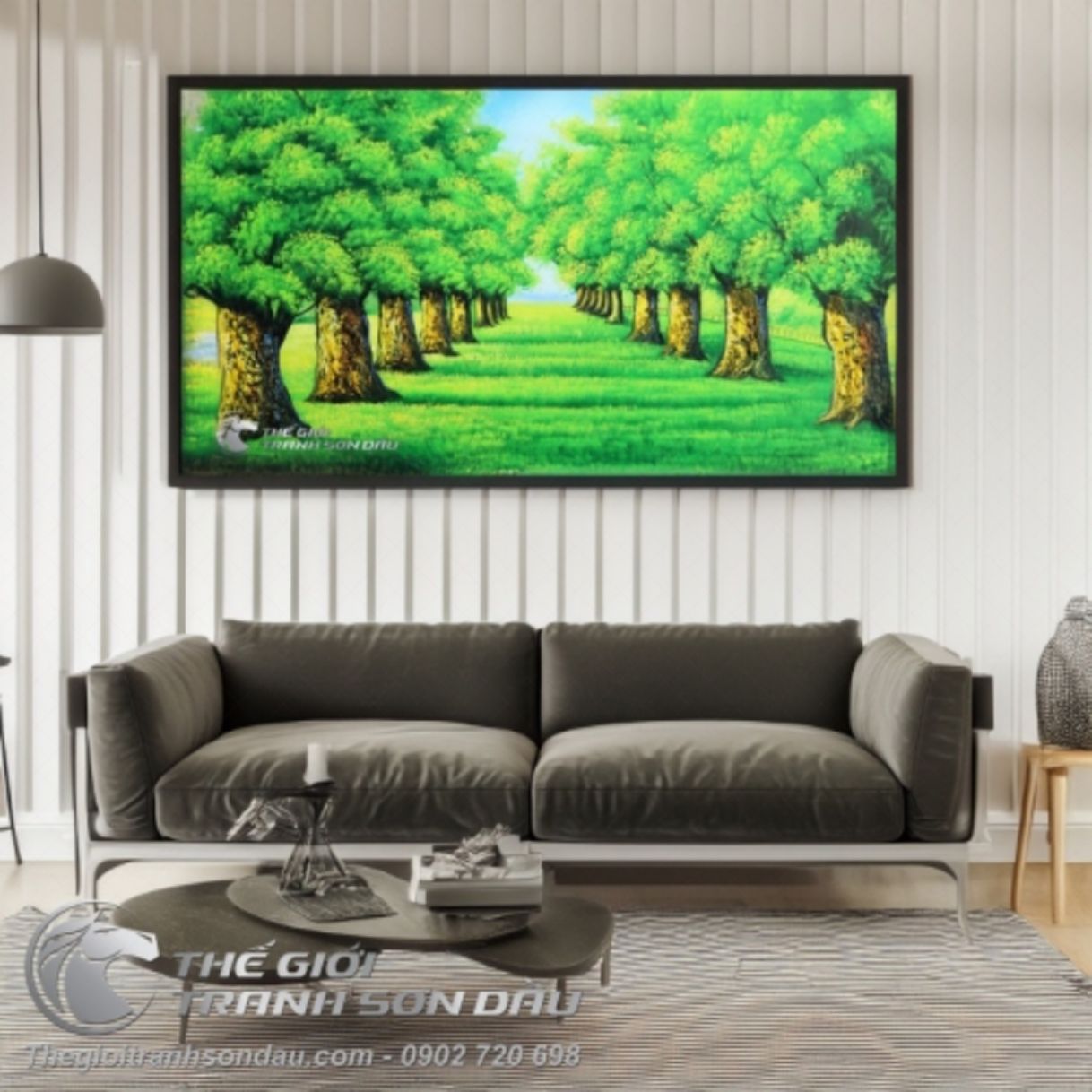 Tranh con đường hai hàng cây cổ thụ sơn dầu phong cảnh đẹp 60x120cm 
