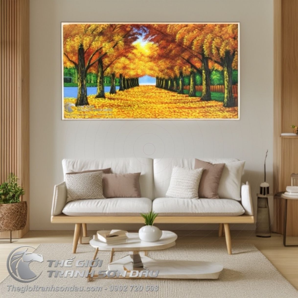 Tranh Sơn Dầu Hai Hàng Cây Mùa Thu Lá Vàng 60x120cm Ấn Tượng 