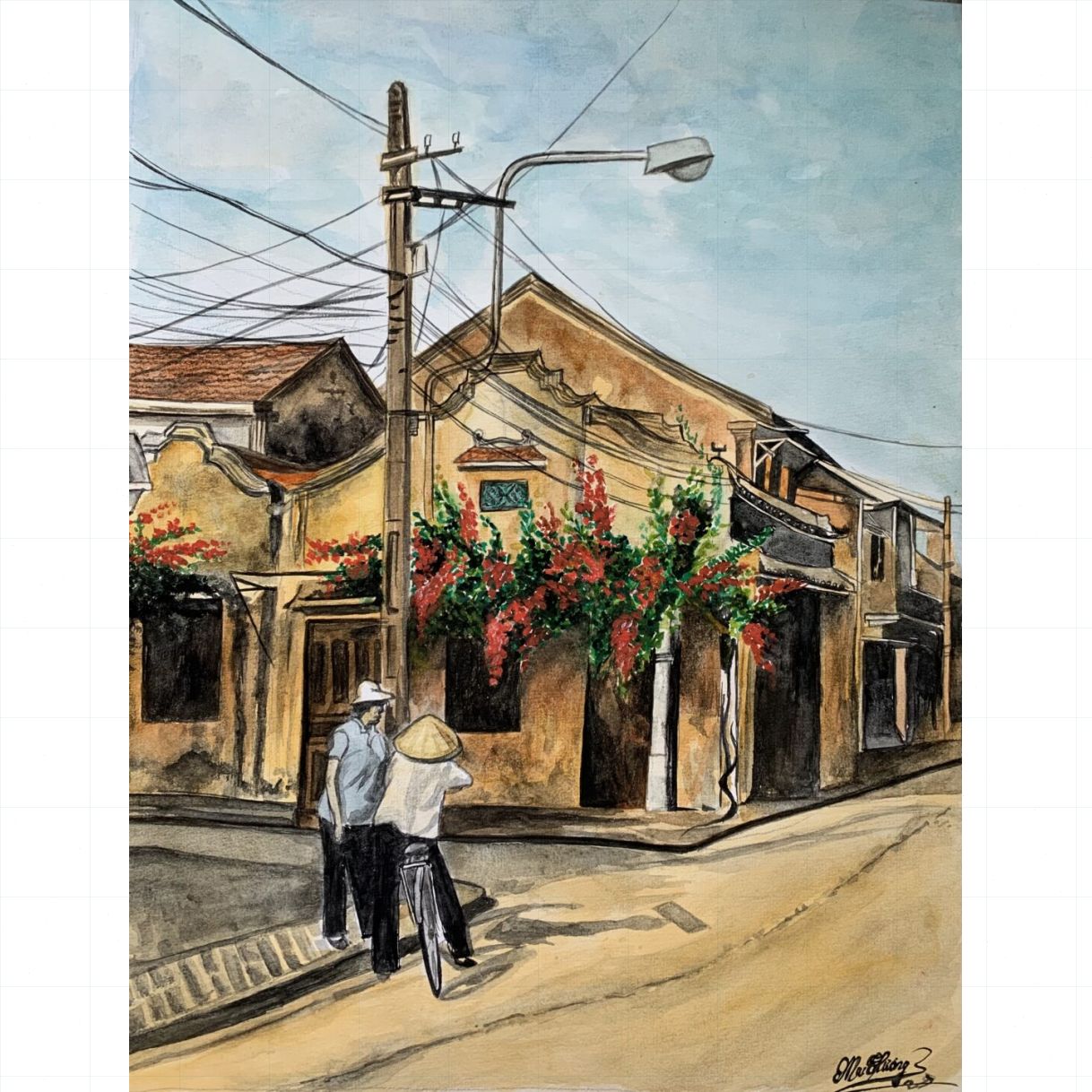 Tranh phố cổ Hội An màu nước A3 độc bản năm 2021 