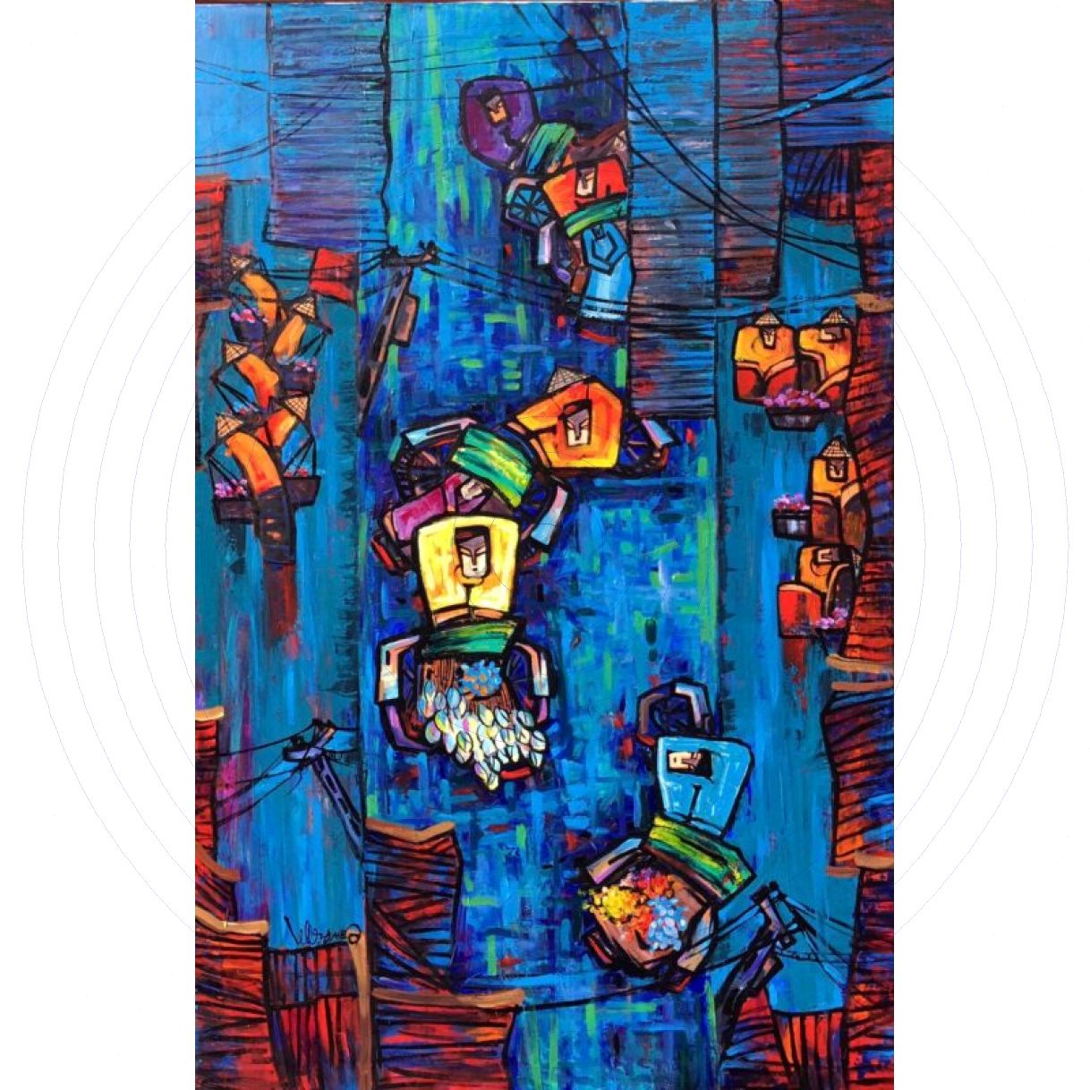 Tranh Phố Cổ Trên Phố Acrylic 100x150cm Độc Bản Có Giấy Quyền 