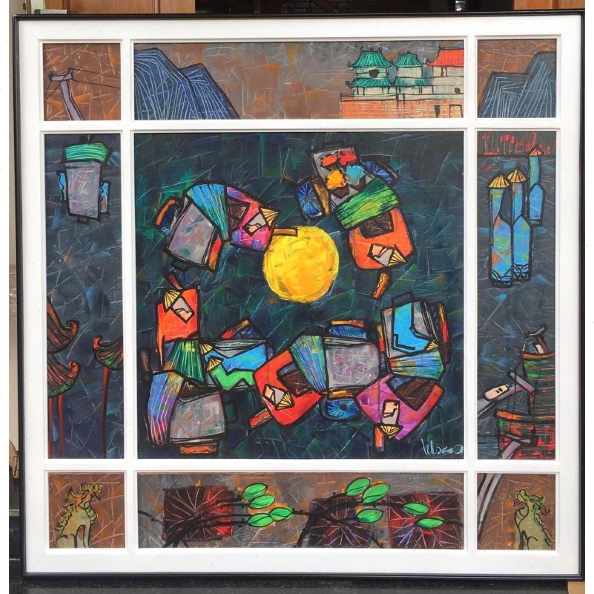 Tranh Trừu Tượng Vầng Trăng Trên Phố Acrylic 100x100cm 