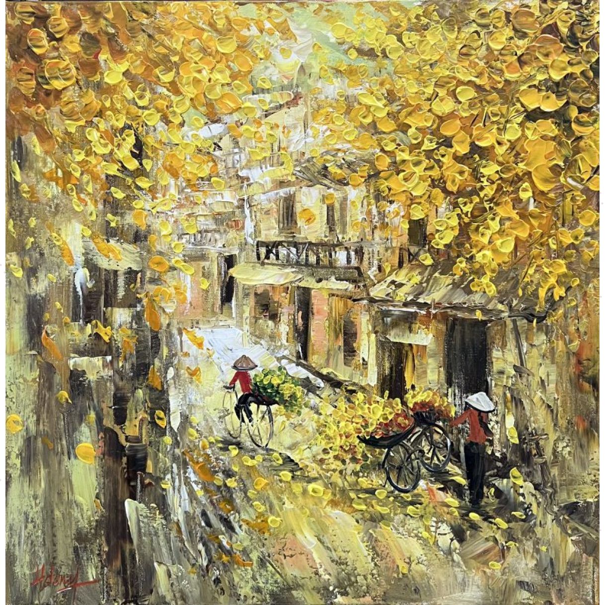 Tranh Phong Cảnh Qua Phố Acrylic 80x80cm Độc Bản Có Giấy Quyền 