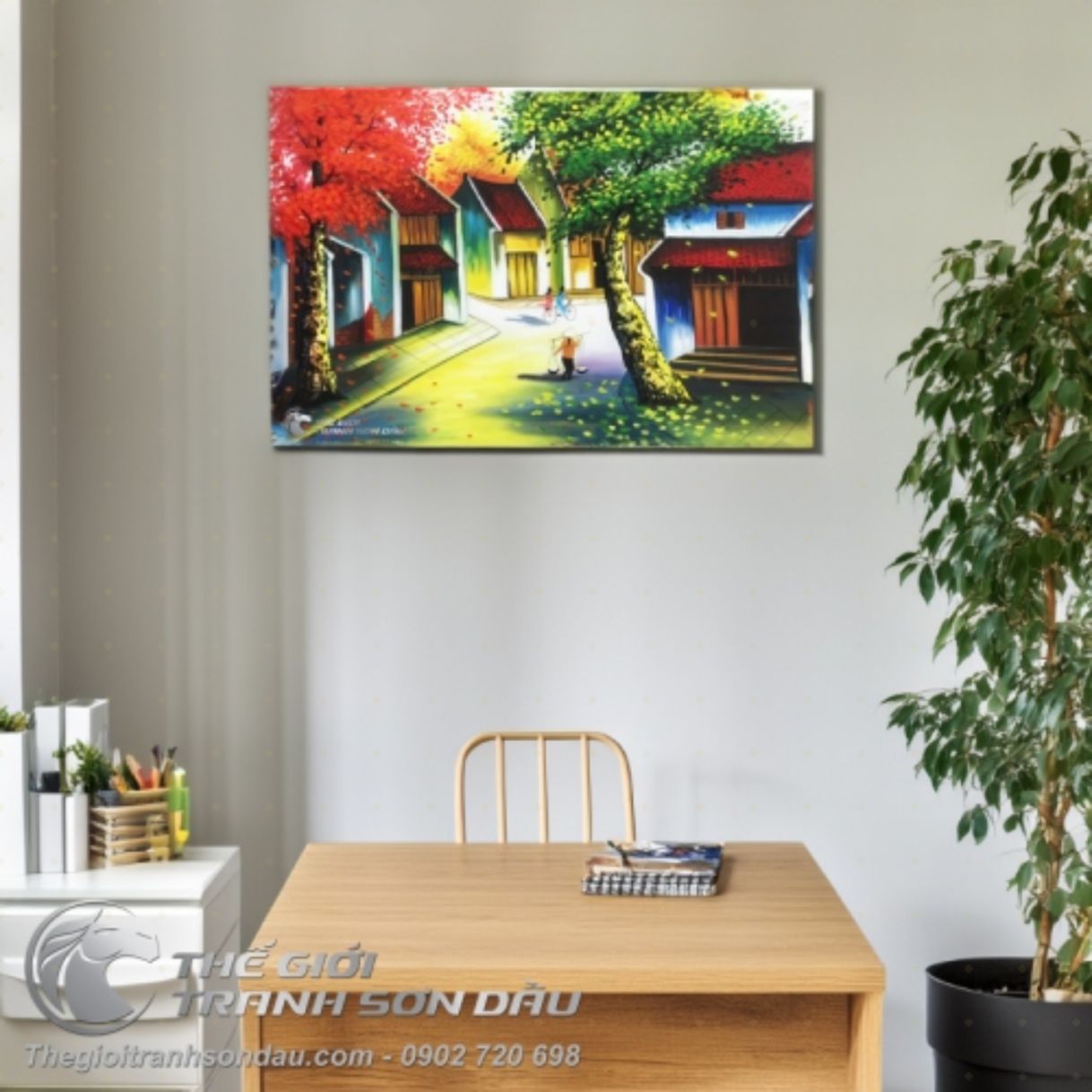 Tranh Sơn Dầu Phố Cổ Việt Nam Sang Hạ 60x90cm Khung 4.5cm 