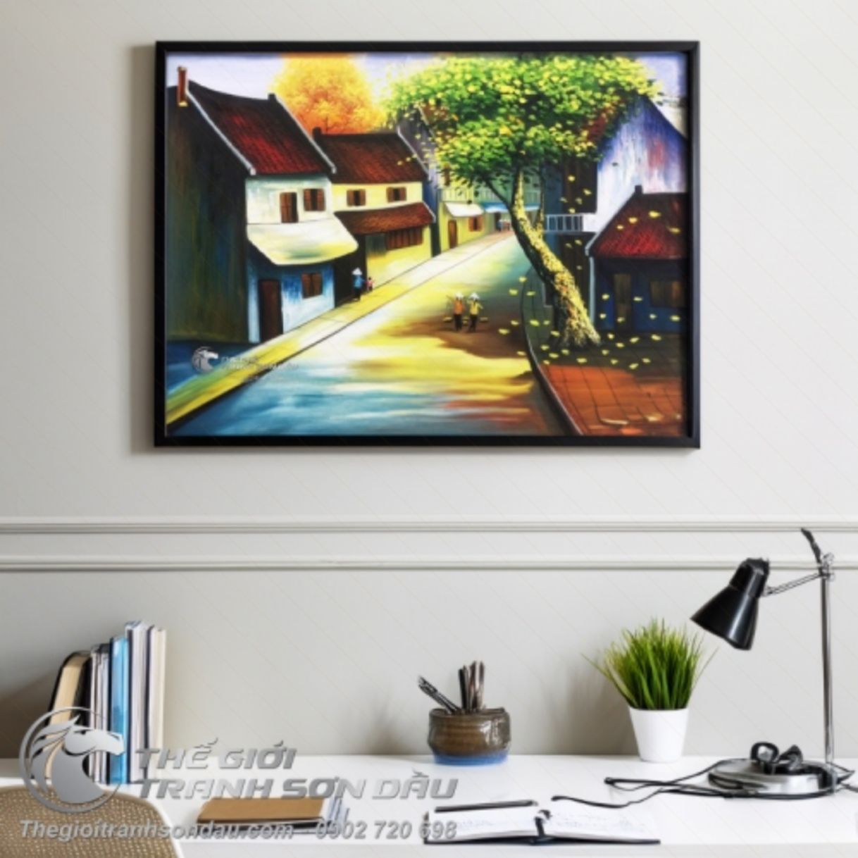 Tranh Phố Cổ Việt Nam Lá Rụng Sơn Dầu Đẹp 60x90cm 