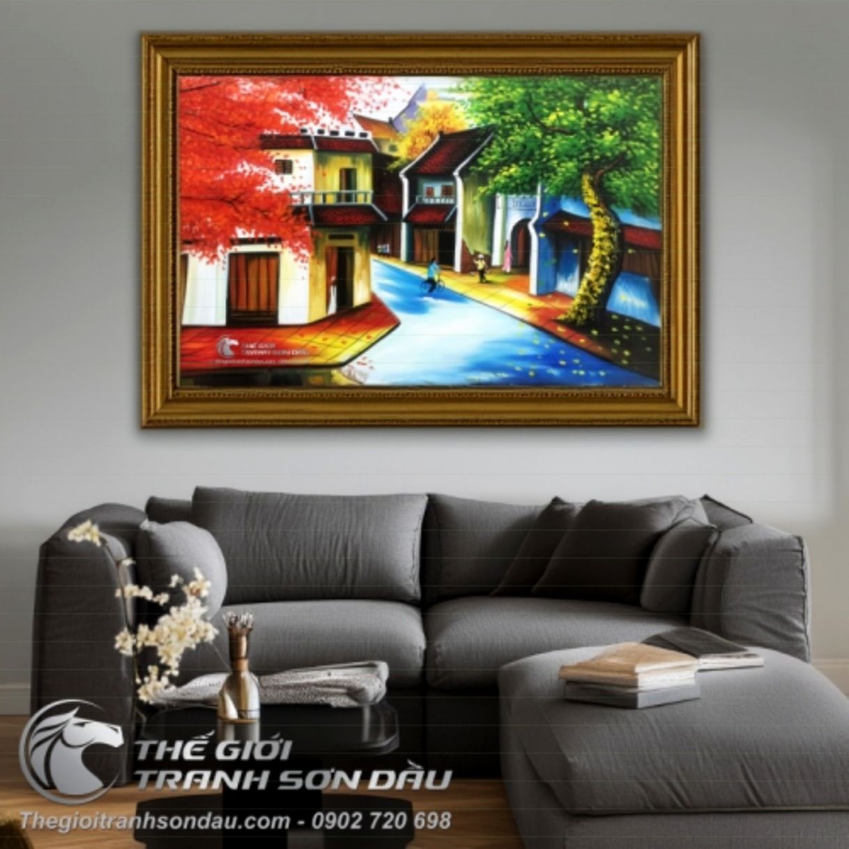 Tranh Phố Cổ Việt Mái Ngói Sơn Dầu 60x90cm Đa Sắc 
