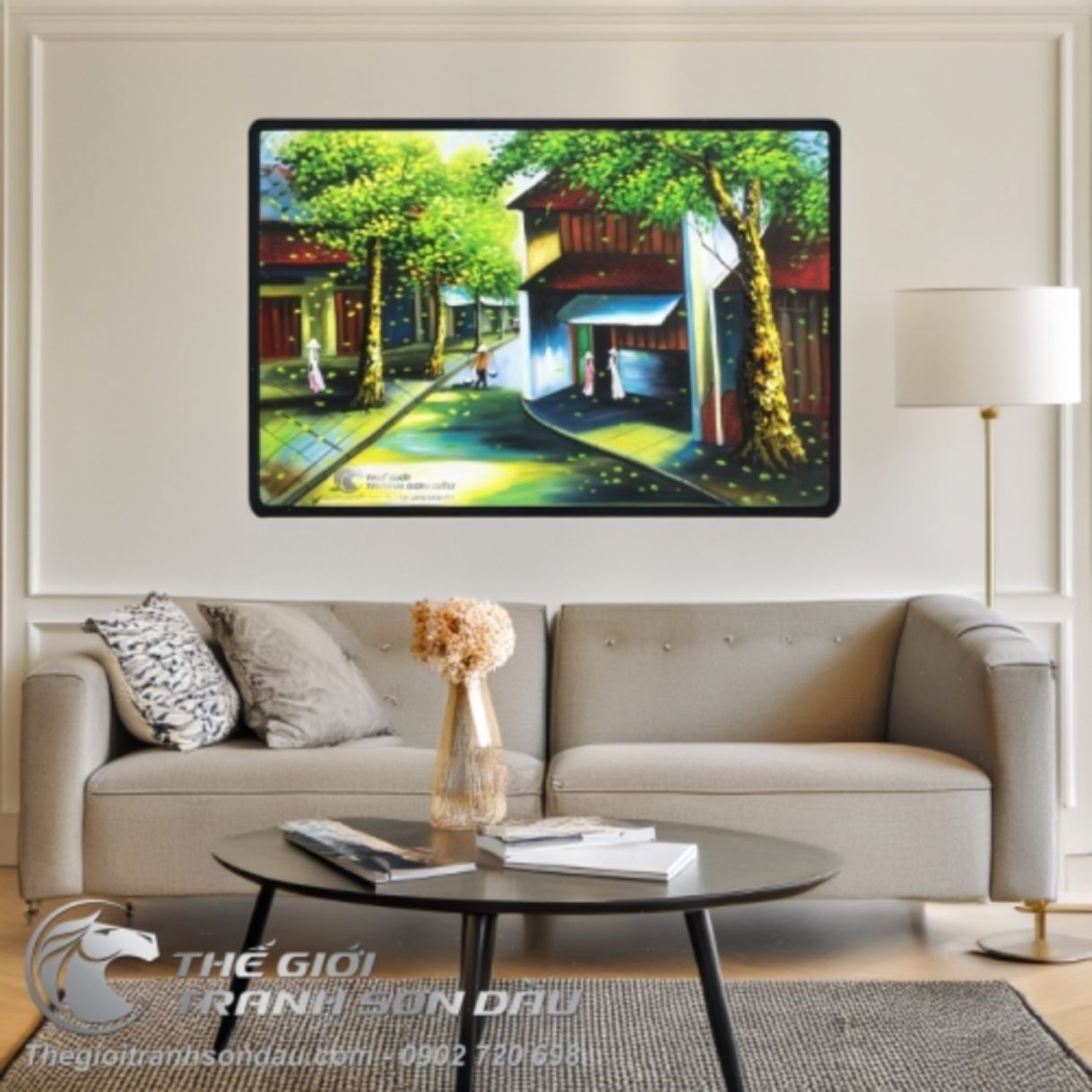 Tranh Phố Cổ Việt Nam Hàng Cây Xanh Sơn Dầu 60x90cm 