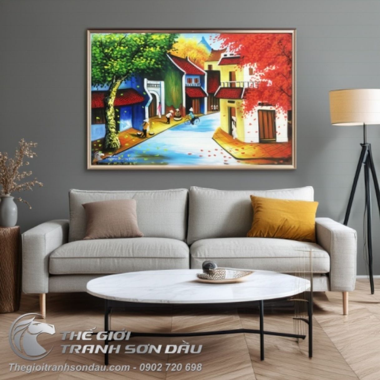 Tranh Sơn Dầu Phố Cổ Việt Nam Vỉa Hè 60x90cm Khung 4.5cm 