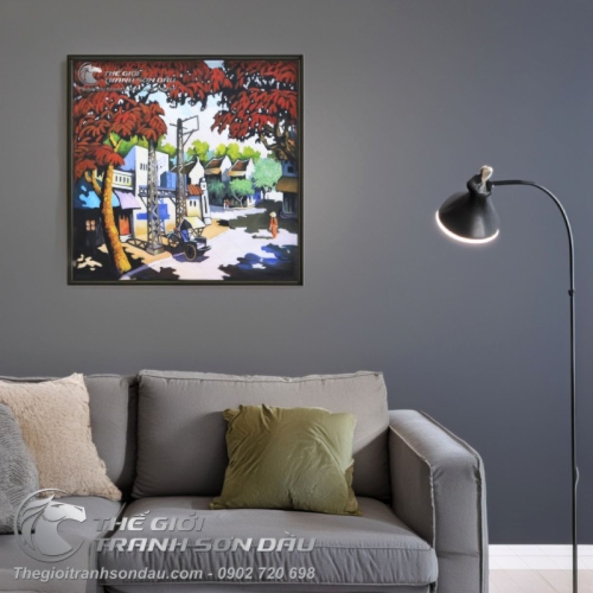 Tranh Sơn Dầu Phố Cổ Cây Lá Đỏ Và Xích Lô 60x60cm Đẹp 