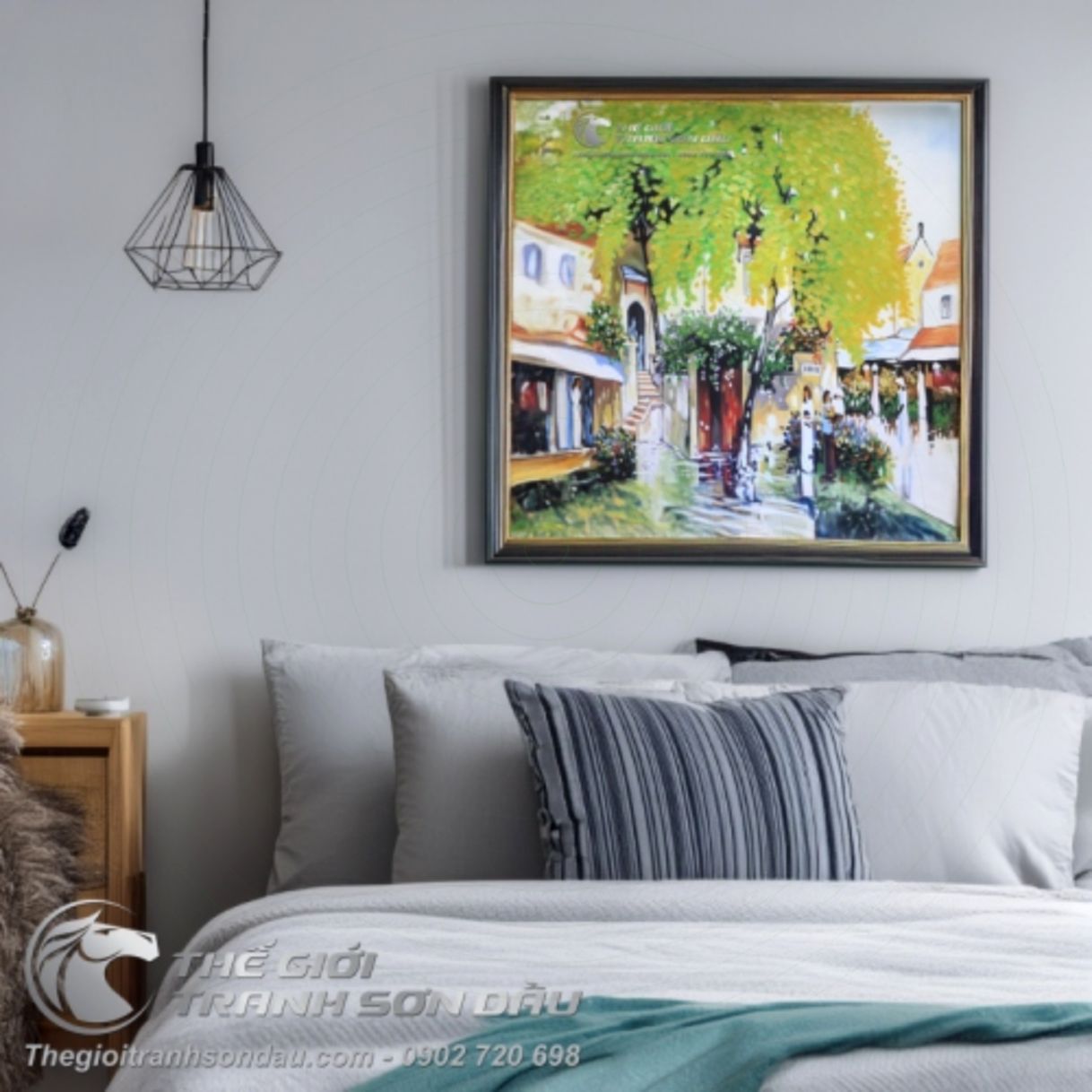 Tranh phố cổ nữ sinh áo dài ôm cặp sơn dầu đa sắc 60x60cm tranh họa sĩ 